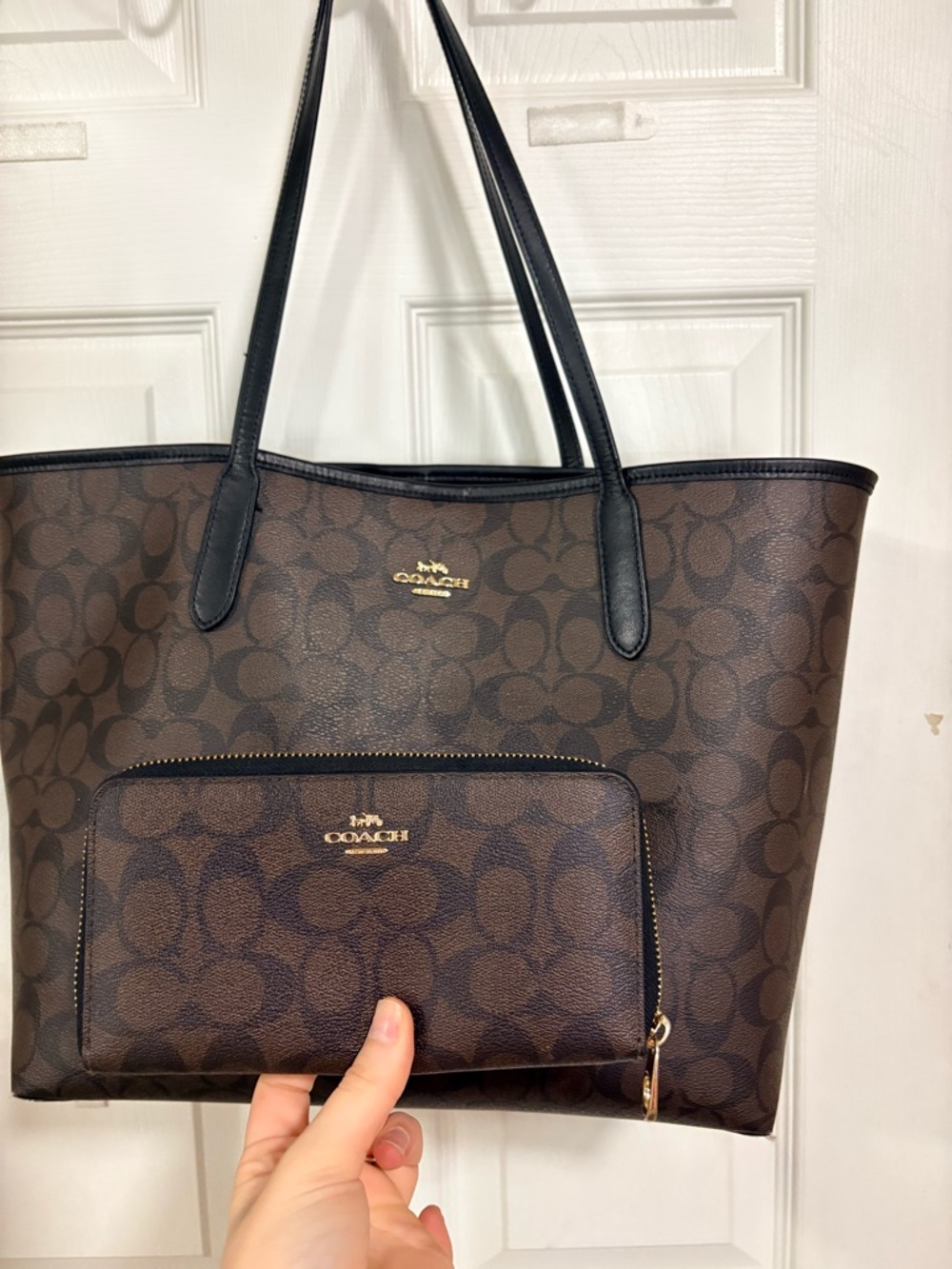 COACH Brown Signature Canvas Tote with Black Trim and Matching Wallet